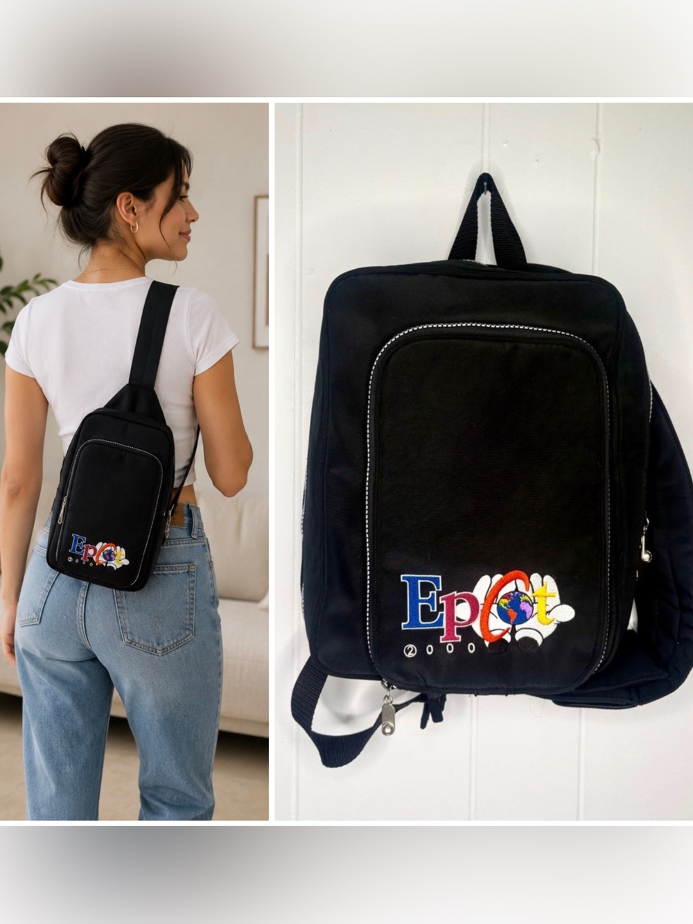 VINTAGE Y2K Disney World EPCOT 2000 Sling Bag Travel Vacation Mickey Mouse Zip